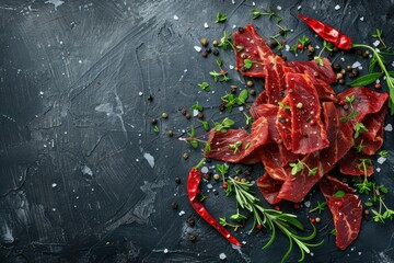 Wall Mural - Tasty veal or turkey jerky with seasonings on concrete bg