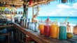 © Attasit - a beach bar counter adorned with colorful smoothies, surrounded by beachgoers, with the ocean as a backdrop, sunny day, tropical paradise