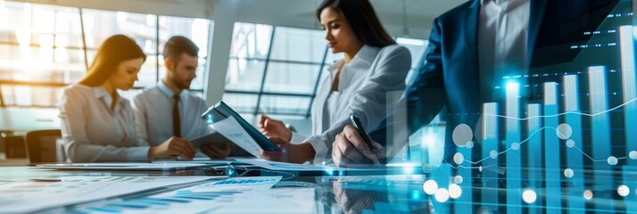 Poster - A team of business professionals working together, analyzing data and charts, symbolizing collaboration, strategy, innovation, growth, and success.