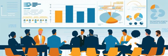 Poster - A team of diverse individuals are gathered around a table, analyzing data displayed on a large screen behind them.  The charts and graphs illustrate various aspects of business performance, highlighti