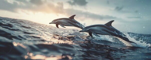 Playful dolphins leaping out of the ocean, 4K hyperrealistic photo