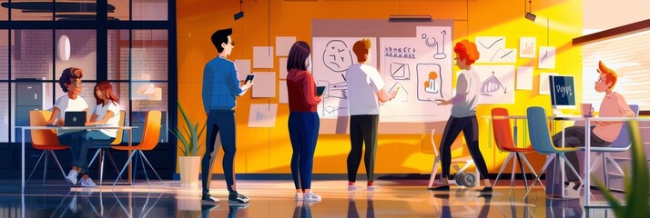 Poster - A team of five creative professionals in a modern office setting engaged in brainstorming and collaboration, with a whiteboard filled with ideas and drawings, representing teamwork, innovation, and bu
