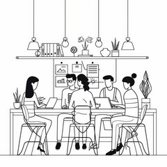 Poster - A team of four individuals working together at a table, showcasing teamwork, collaboration, and focus on a project. The image emphasizes the importance of communication and shared goals within a workp