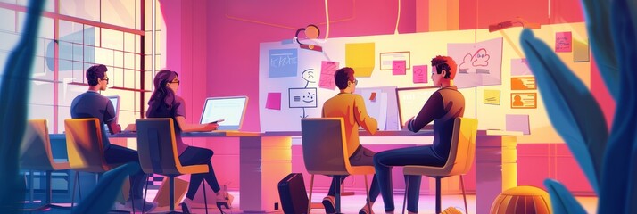 Poster - A team of four professionals are gathered around a whiteboard, brainstorming and collaborating on a project. They are using sticky notes, drawing, and discussing ideas. This image symbolizes teamwork,