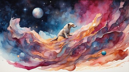 A sparkling cosmos-dwelling predator, its celestial gaze piercing through the vast expanse of swirling galaxies and shining stars. This awe-inspiring subject is portrayed in a mesmerizing watercolor p