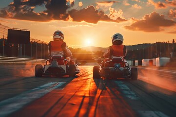 Two kart racers in a close race for first place in the championship at sunset a fun extreme sport