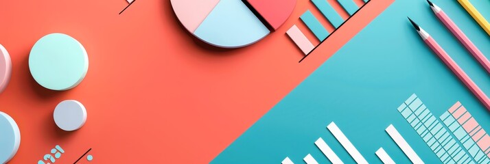 Poster - A vibrant image showcasing a split background with colorful charts, pencils, and geometric shapes, symbolizing data analysis, creativity, planning, growth, and progress.