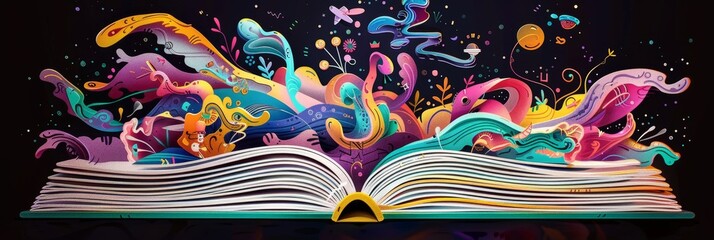 Poster - A vibrant open book with abstract colorful designs and swirls, symbolizing imagination, creativity, knowledge, literature, and artistic expression.