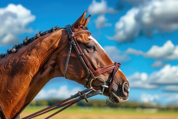 Young stallion plays horse polo in nature with shaved mane under blue sky