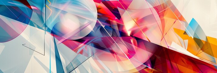 Poster - A visually stimulating abstract composition featuring overlapping geometric shapes in vibrant hues of blue, pink, red, and yellow. The shapes create a sense of depth and movement, evoking a feeling of