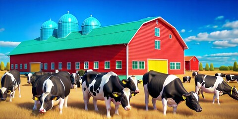  Organic dairy farm, cows grazing on pasture, 3D illustration. copy space for text, no text, no logo