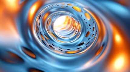 Wall Mural - Abstract blue and orange tunnel with glowing light at the center