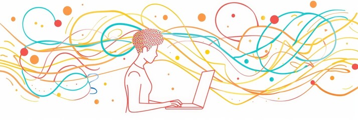 Poster - A woman is sitting at a laptop with a colorful abstract design behind her, symbolizing creativity, innovation, technology, connection, and inspiration.