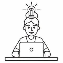 Poster - A woman sits at a desk with a laptop, a lightbulb above her head symbolizing a new idea, creativity, innovation, problem-solving, and inspiration.
