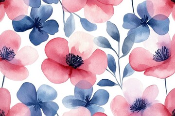 Wall Mural - Beautiful floral seamless pattern with hand drawn watercolor abstract flowers. Stock illustration. Gentle summer design. Seamless print, Generative AI