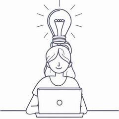 Poster - A woman sitting at a desk, with a lightbulb above her head, represents new ideas, creativity, and inspiration. She is using a laptop computer, demonstrating technology, innovation, and the use of digi