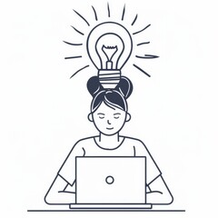 Poster - A woman with a lightbulb over her head, symbolizing inspiration, creativity, innovation, and problem-solving, is working on a laptop, representing digital work and technology.