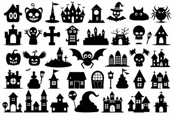 A set of Halloween silhouette elements on a white background. Set of icons for celebration. Vector illustration