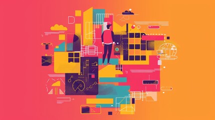 Poster - An abstract geometric illustration depicting a man standing amidst a complex arrangement of shapes, symbolizing the challenges and opportunities presented in modern business, technology, or life in ge