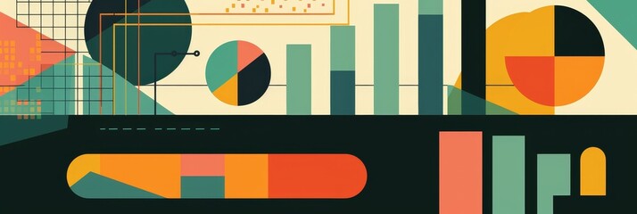 Poster - An abstract illustration with geometric shapes symbolizing data analysis, statistics, business growth, financial performance, and market trends.