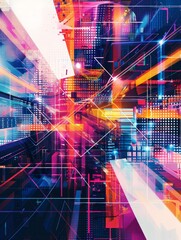 Wall Mural - An abstract digital cityscape with bright neon lights and geometric shapes, symbolizing technology, innovation, progress, connectivity, and the future.