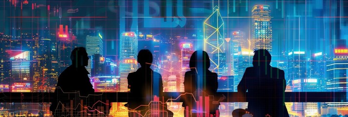 Poster - four business professionals stand silhouetted against a city skyline with data analytics overlaid, s