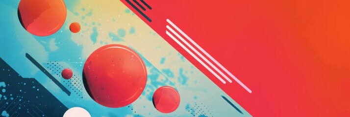 Poster - This abstract design features red circles on a blue and white background with geometric lines. The circles represent unity, the lines represent movement, and the colors represent energy.