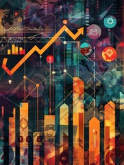 Poster - This abstract illustration depicts an upward trend with a rising arrow symbolizing growth, progress, success, and positive change in business and finance.