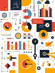Poster - This abstract illustration depicts the concept of data analysis, business strategy, progress, technology, and success. It uses a visual language of charts, graphs, and symbols to represent a complex i