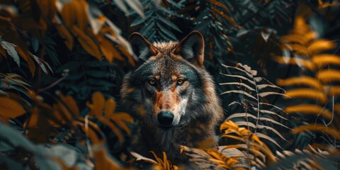 Poster - Wolf in the Jungle A Captivating Display of Natural Beauty with Brown and Green Leaves