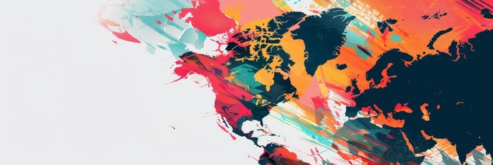 Poster - This image is a abstract world map with vibrant colors. It symbolizes connection, global community, diversity, creativity, and progress.