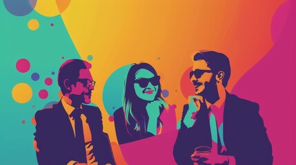 Poster - Three business colleagues in a meeting, with a modern and vibrant colorful background, conveying a sense of energy, collaboration, and innovation.