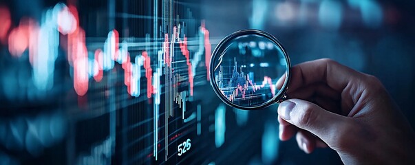 Aufkleber - a pair of hands holding a magnifying glass over a stock market chart, with dollar signs and arrows i