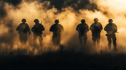 military squad sillhouette with smoke