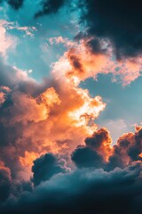 Canvas Print - Plane Flying Through Cloudy Sky at Sunset