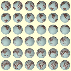 Poster - Collection of earth globes. Slanted sphere view. Rotation step 10 degrees. Colored countries style. World map with sparse graticule lines on warm background. Bewitching vector illustration.