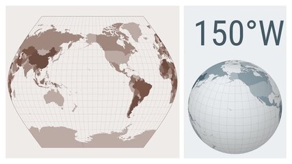 Poster - World Map Animation. Ginzburg VIII projection. Colored countries style. Animated world map in Ginzburg 8 projection. Loopable animation showing longitude shift and matching globe.