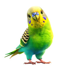 Poster - Brightly colored budgerigar parrot with striking green and yellow plumage, set against a clear background for effortless inclusion in different projects