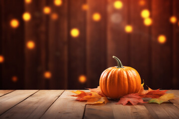 Wall Mural - Pumpkin and autumn leaves on wood with bokeh lights and copy space, fall and halloween background
