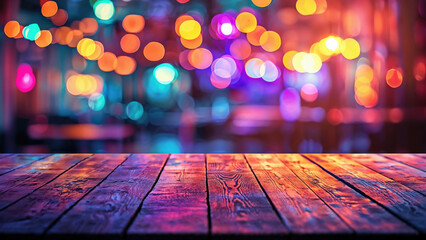 Poster - Empty wooden tabletop with colorful bokeh lights background