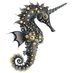 Poster - This steampunk seahorse drawing is filled with detailed patterns, gears, and mechanical parts on a clear background. It's great for artsy and imaginative projects