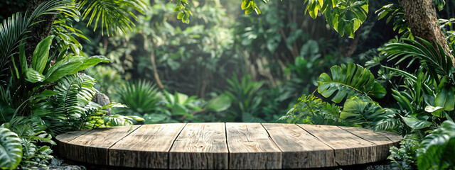 Poster - Empty round wooden platform surrounded by tropical leaves