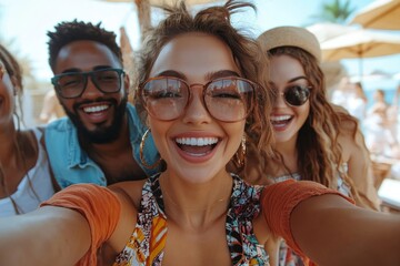 Excited young pretty woman taking group selfie with joyful friends on rooftop. Cheerful people poses making smiling faces to camera outdoor gathered at lunch raising happy arms, Generative AI