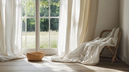 Wall Mural - Linen curtains softly frame a sunlit room with a natural view outside