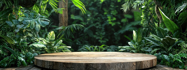 Poster - Empty round wooden platform surrounded by tropical leaves displaying products