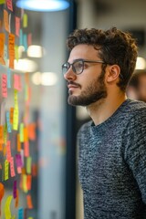 Wall Mural - Manager using sticky notes during a team brainstorming session, Generative AI