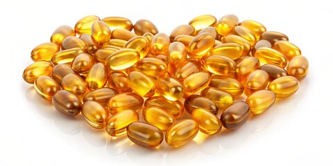 Gold gel capsules filled with fish oil and salmon oil nutrients, isolated on a white background, representing natural heart health care and nutritional medicine treatment.