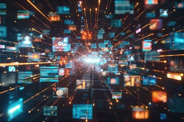 Poster - A collection of electronics in a darkened space, ideal for use as a mood setter or to represent a tech-filled environment