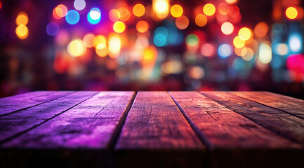 Aufkleber - Empty wooden table showing festive blurred bokeh lights background