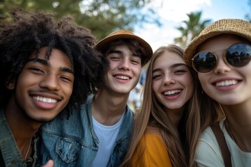 Multiracial group of young people taking selfie, Generative AI